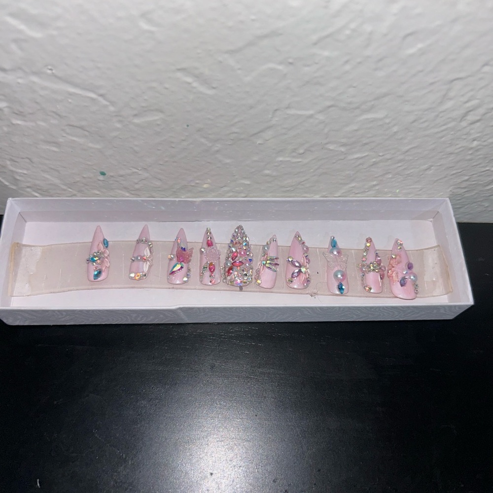 Pink Rhinestone Press-On Nails